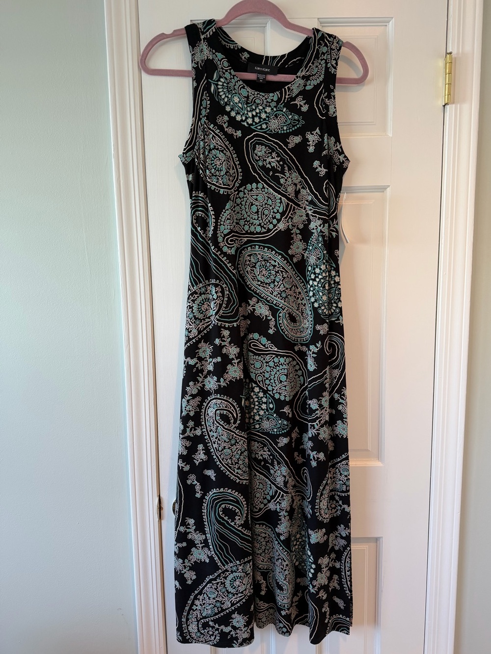 Karen Kane Black Maxi Dress with Aqua Paisley Print Medium